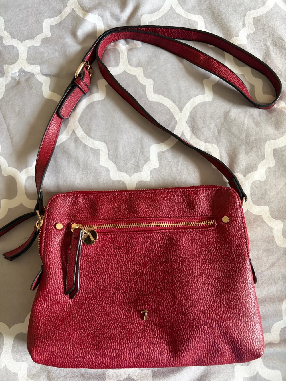 Pebbled Red Crossbody Bag with Gold Accents - Women's Shoulder Bag